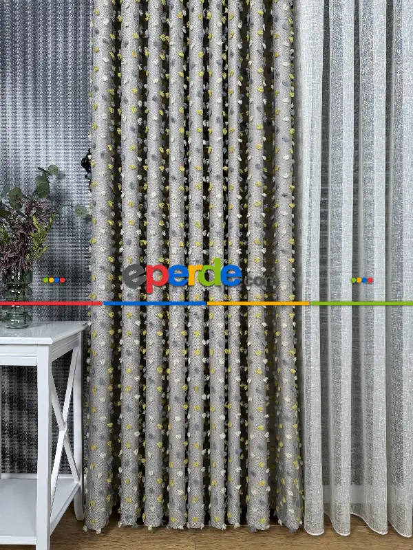 Yatak Odası - Açık Antrasit Krem Ve Sarı Ponponlu Jakar Dokuma, Premium Kalite Serisi Fon Perde