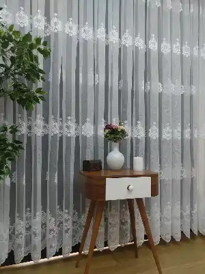 ( Orjinal ) Taç Damask Desen Salon Fransız Dantel Tül Perde & Kruvaze Perde- Ekru