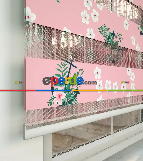 Bebek Odası Zebra Perde - Gemici Baskılı Zebra Perde- Beyaz-Pembe-Su Yeşili