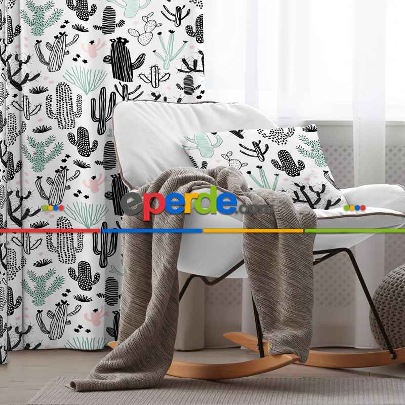 Kaktüs Desenli Fon Perde Evim694 Kumaşı Kalındır Duck Bezi Değildir- Mavi-beyaz