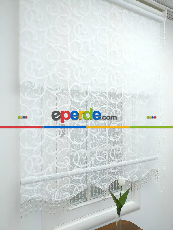 Jakar Örme Tül-dilay 801 Ekru Çiftli Sistem Dantel Desenli Perde- Ekru