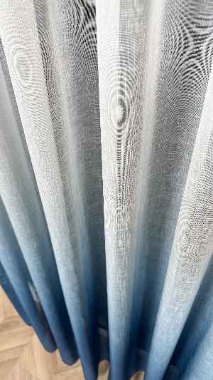 Keten Ekru Mavi Degrade Geçişli Tül Perde, Ağır Gramajlı Premium Seri, Eteği Kurşunlu