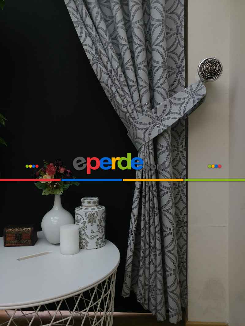 Dairesel Desenli Oturma Odası Fon Perde- Gri-füme-antrasit