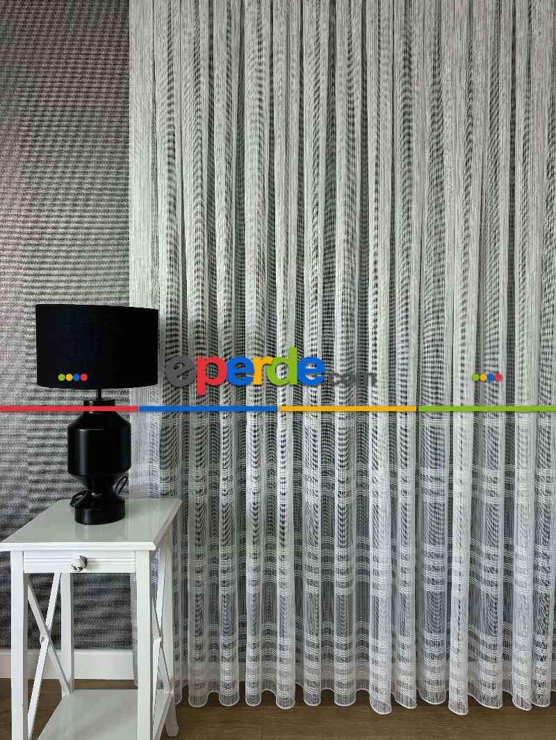 Zincir Çizgili Tül Perde Ekru Renk Kırık Beyaz- Ekru - Kurşunlu Tül