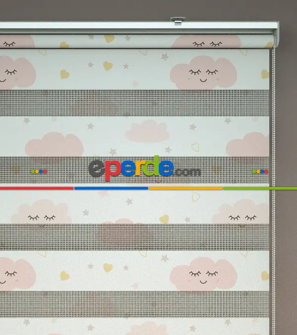 Bulut Desenli Baskılı Zebra Perde- Çok Renkli