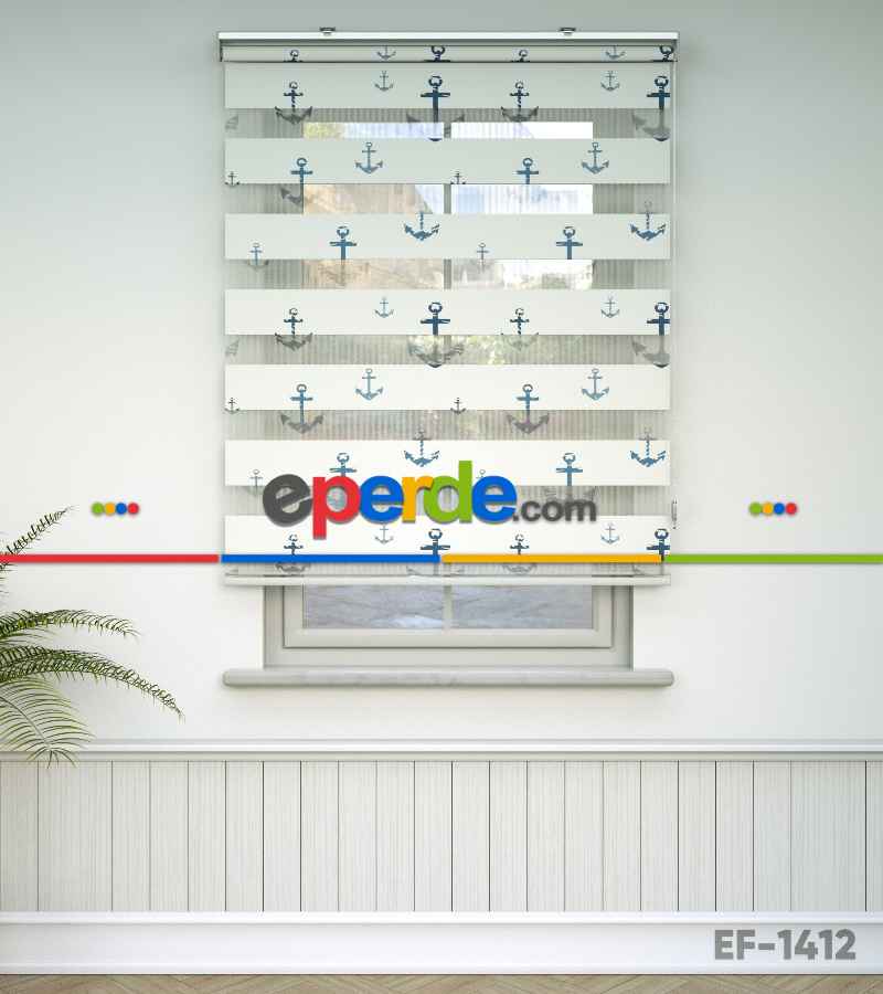 Bebek Odası Zebra Perde - Çapa Desen Baskılı Zebra Perde- Çok Renkli