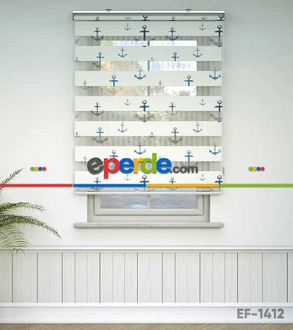 Bebek Odası Zebra Perde - Çapa Desen Baskılı Zebra Perde- Çok Renkli