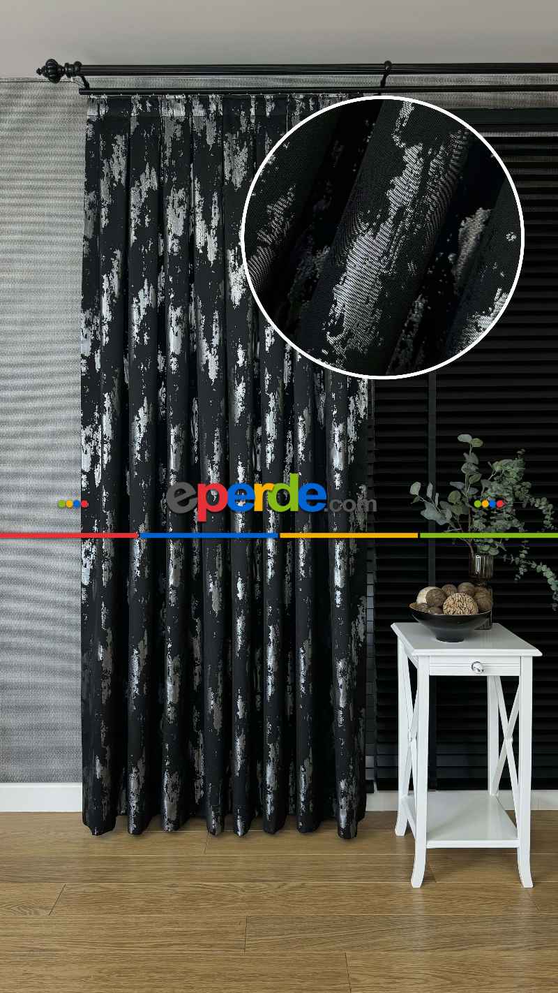 Qashe Marka Siyah Gümüş Fon Perde, Patine Desenli Jakar Dokuma Fon Perde - Ağır Gramajlı Premium Seri