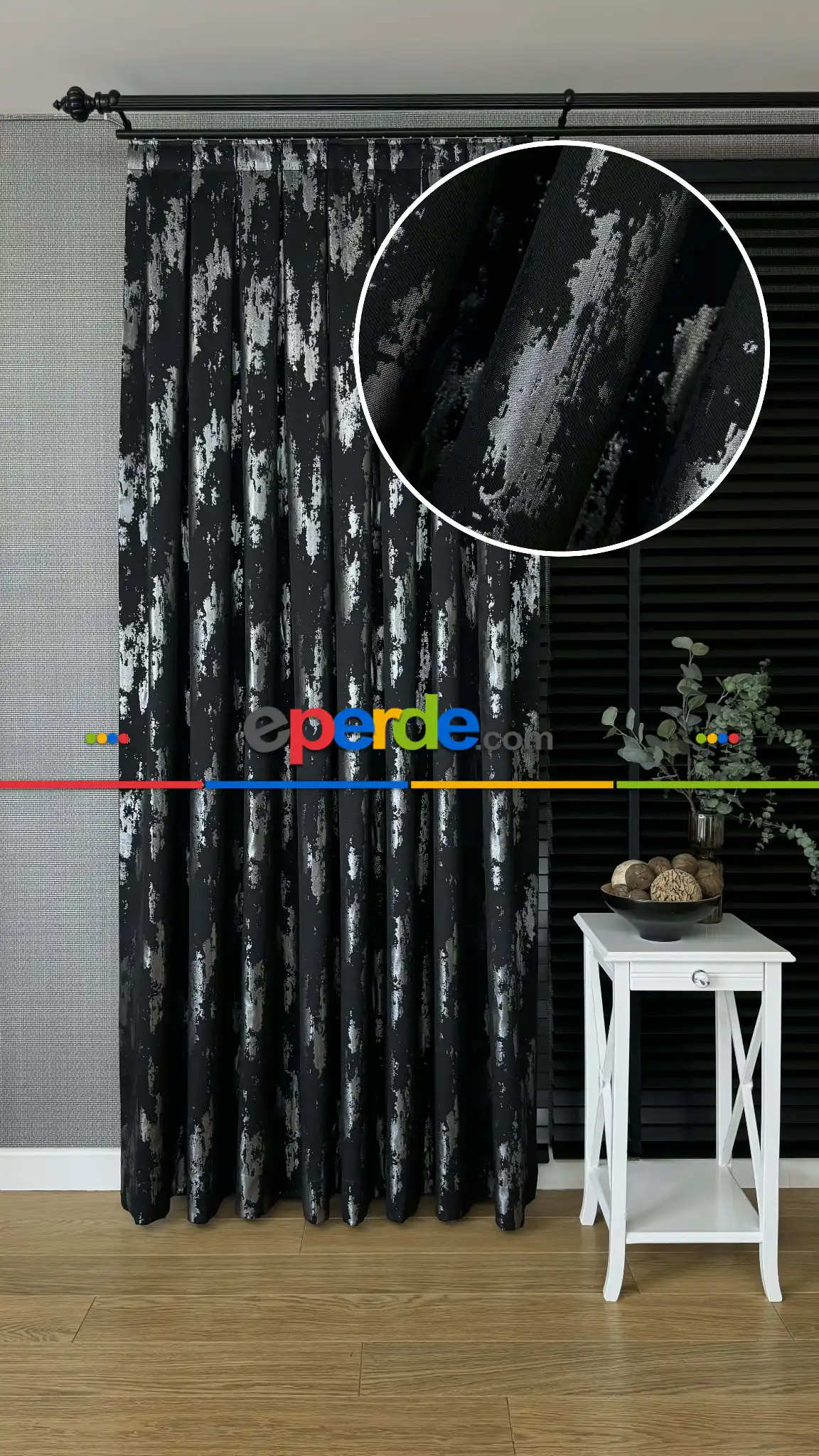 Qashe Marka Siyah Gümüş Fon Perde, Patine Desenli Jakar Dokuma Fon Perde - Ağır Gramajlı Premium Seri