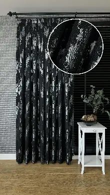 Qashe Marka Siyah Gümüş Fon Perde, Patine Desenli Jakar Dokuma Fon Perde - Ağır Gramajlı Premium Seri