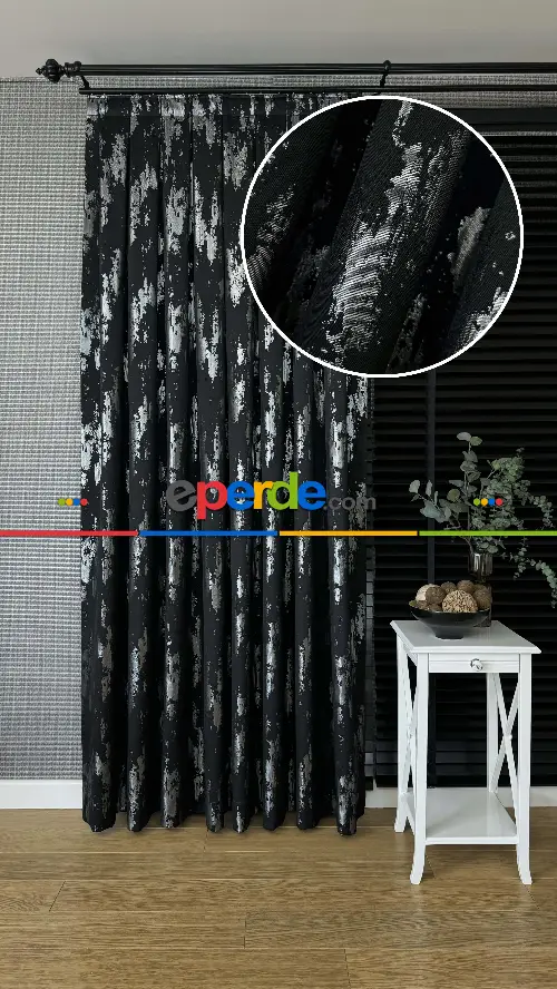 Qashe Marka Siyah Gümüş Fon Perde, Patine Desenli Jakar Dokuma Fon Perde - Ağır Gramajlı Premium Seri