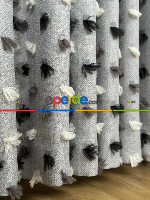 Yatak Odası - Gri Ponponlu Jakar Dokuma, Premium Kalite Serisi Fon Perde