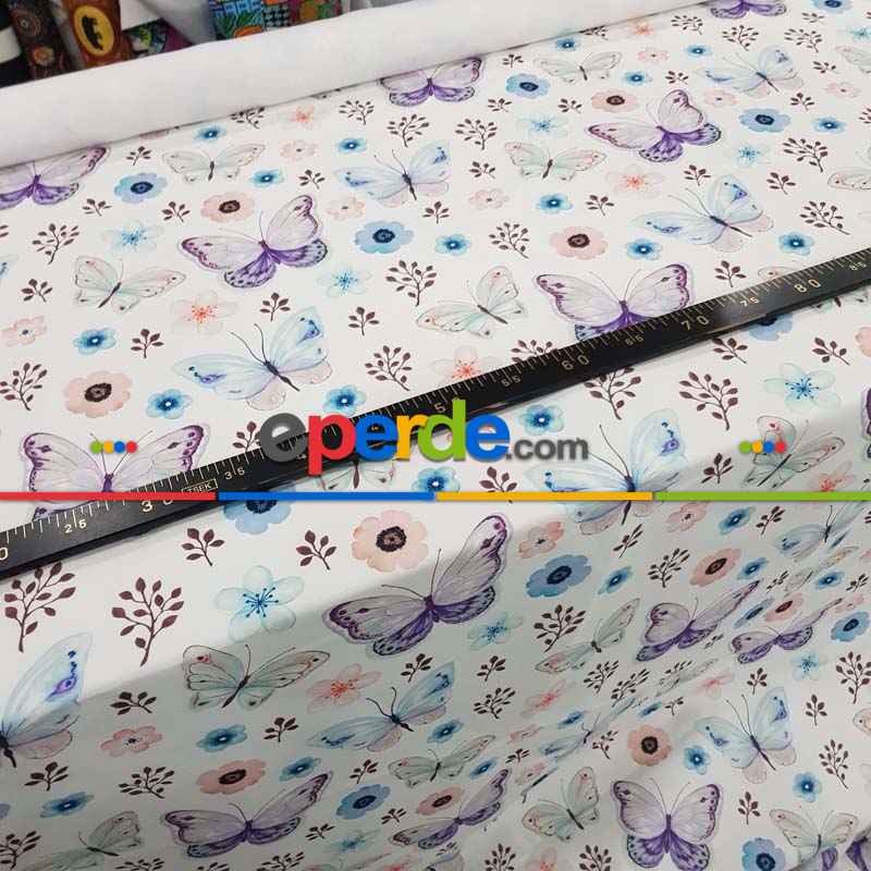 Kelebek Ve Çiçek Desenli Fon Perde Evm815 Kumaşı Kalındır Duck Bezi Değildir- Beyaz