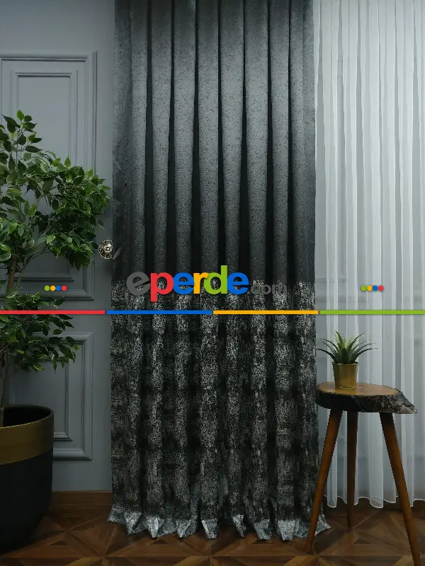 Yatak Odası - PatineDesenli Gri Jakar Fon Perde (180)- Gri