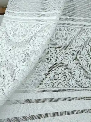 Kdk Örme Arası Bantlı Desenli Tül Perde - Krem