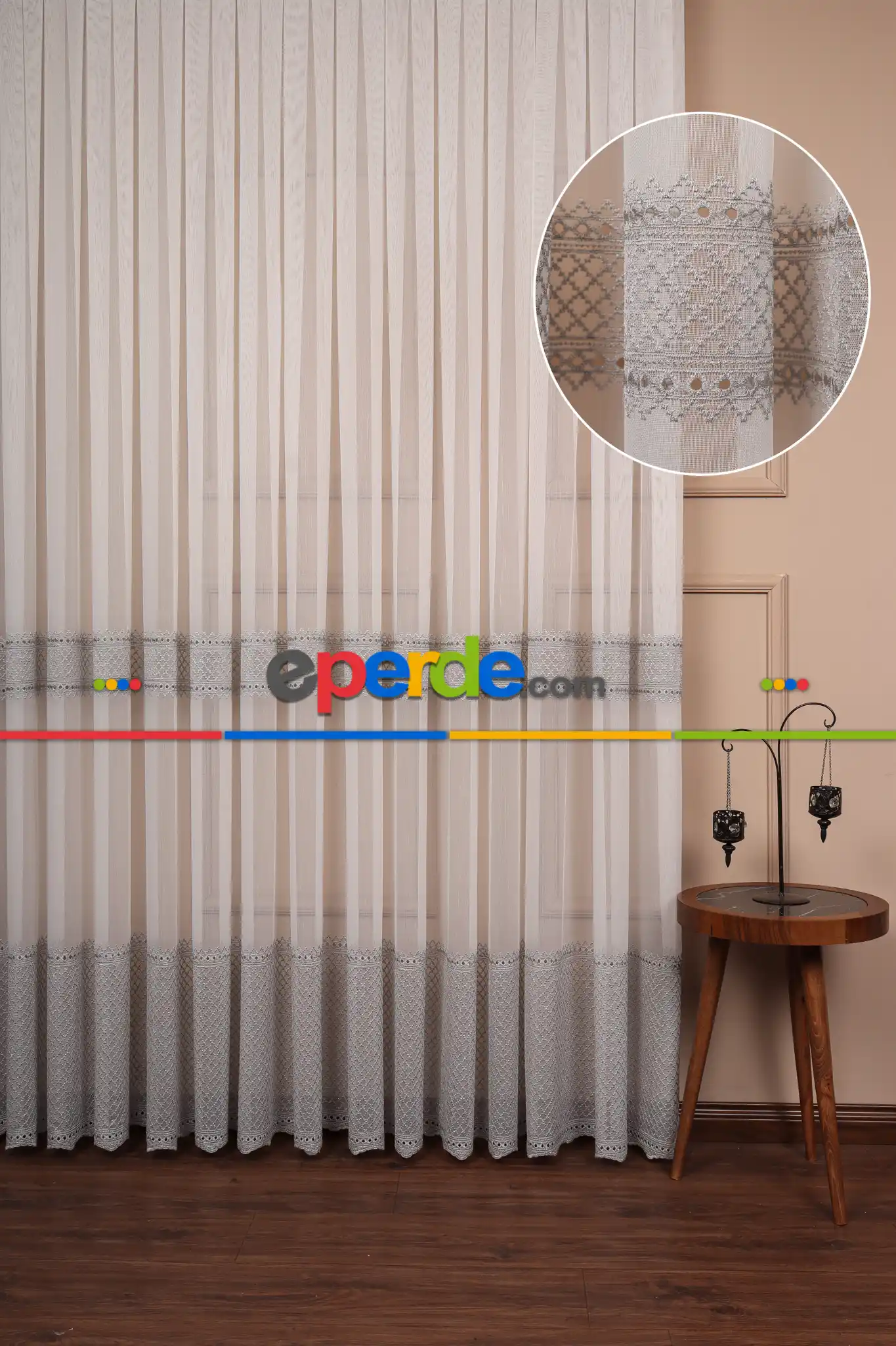 Enine Bantlı Avangart Nakış İşlemeli Tül Perde