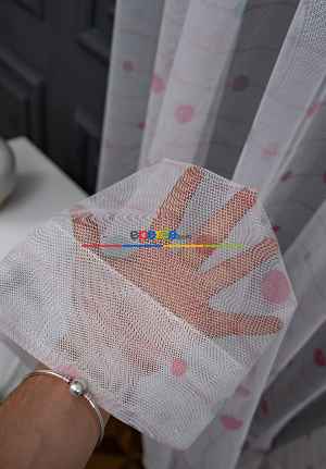 Hazır Ölçülü Petek Zemin Açık Pembe Ve Mavi Renkli Puantiye Desenli Grek Baskılı Tül Perde