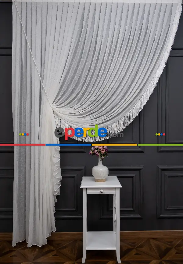 Keten Yalancı Kruvaze - Tülden Fon - Halat İle Yana Toplamalı Tül - Kordon Toplama Tül - Çift Veya Tek Kanat - Aksesuar İlave Ücretlidir - Kurşunlu Tül