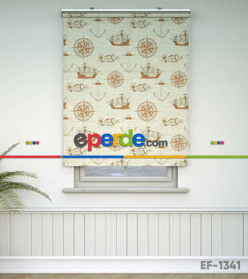 Denizci Desenli Baskılı Stor Perde- Turuncu-çok Renkli