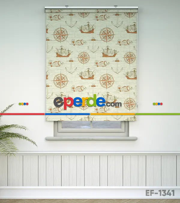 Denizci Desenli Baskılı Stor Perde- Turuncu-çok Renkli