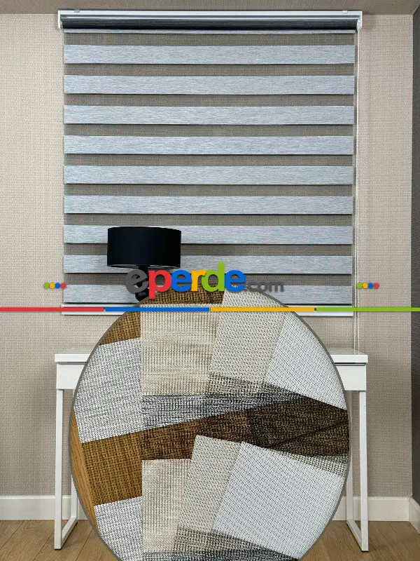 1080tl Yerine - Gri Bambu Zebra Perde, Standart Metal Kasalı - Tül Kısmı Siyah - Kornişe Kolay Montaj Seçenekli