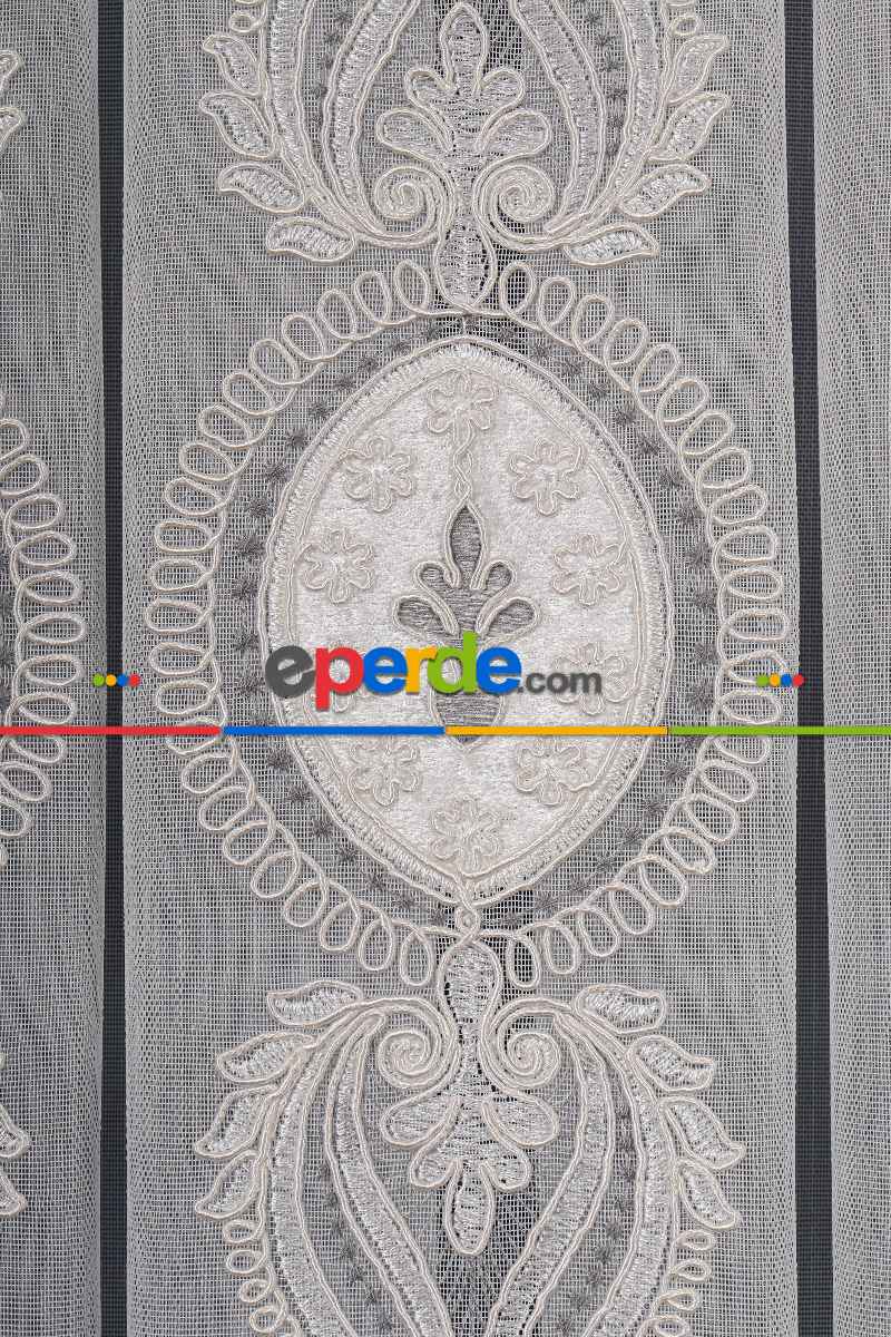 Salon Tül Modelleri - Avangart Ekru-gri Nakış İşlemeli Tül Perde