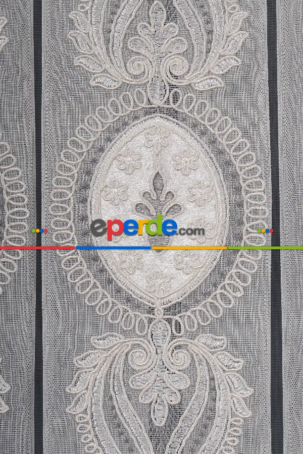 Salon Tül Modelleri - Avangart Ekru-gri Nakış İşlemeli Tül Perde