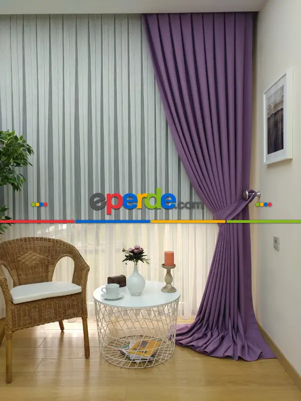 Salon Fon Perde - Keten Mor Renk Düz Fon Perde- Mor