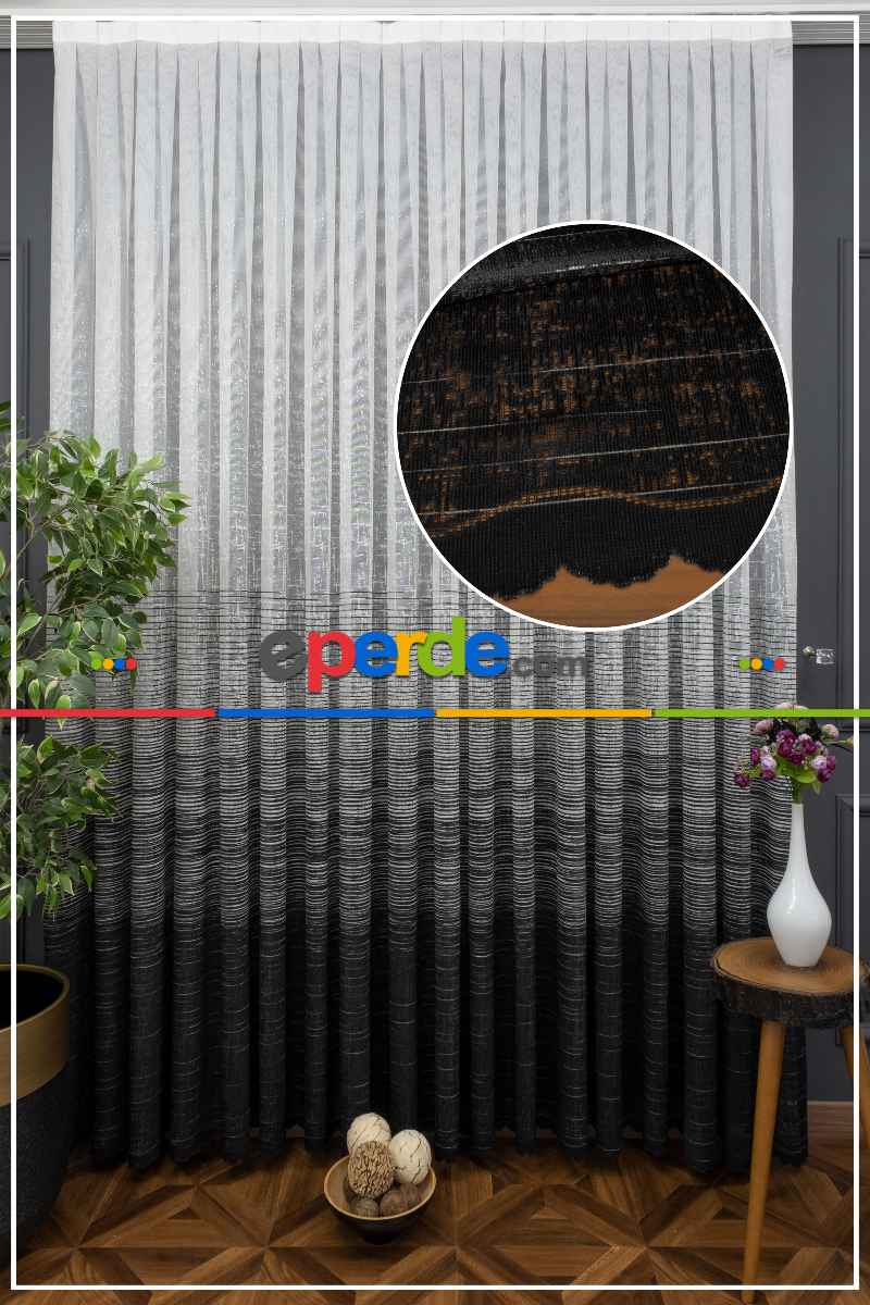 Çizgi Modern Desenli Örme Tül - Siyah ( Degrade Geçişli )