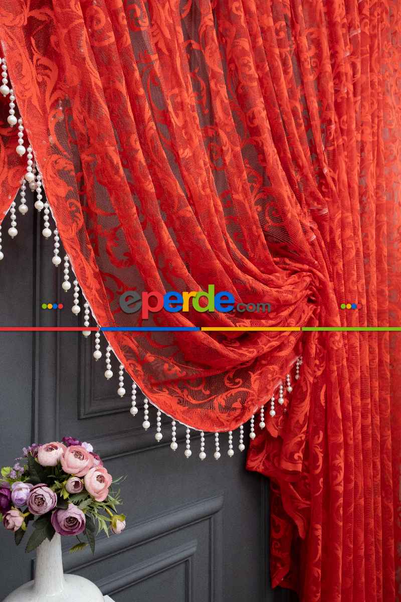 Kırmızı Tül Perde - Sarmaşık Desenli Tül - Kruvaze Model Yanki Tül Perde - Düz Model Seçeneği Var - Örme Tül