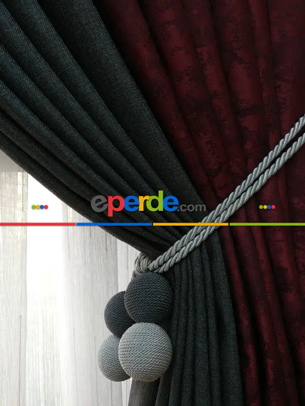 Gri Bordo Renk Kombinli Desenli Fon Perde- Gri-füme-antrasit-bordo