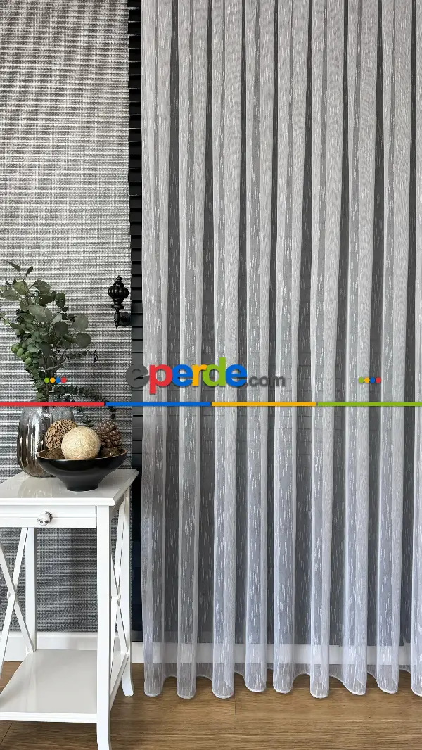 Bebek Odası Tül Perde - Açık Gri Çizgili Naturel Keten Düz Tül Perde - Premium Kalite Serisidir, Eteği Kurşunlu Tül