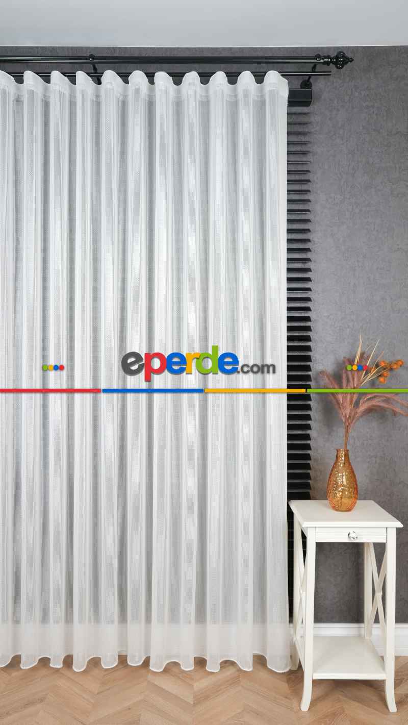 Ekru Çizgili Tül Perde, Ağır Gramajlı Premium Seri, Eteği Kurşunlu