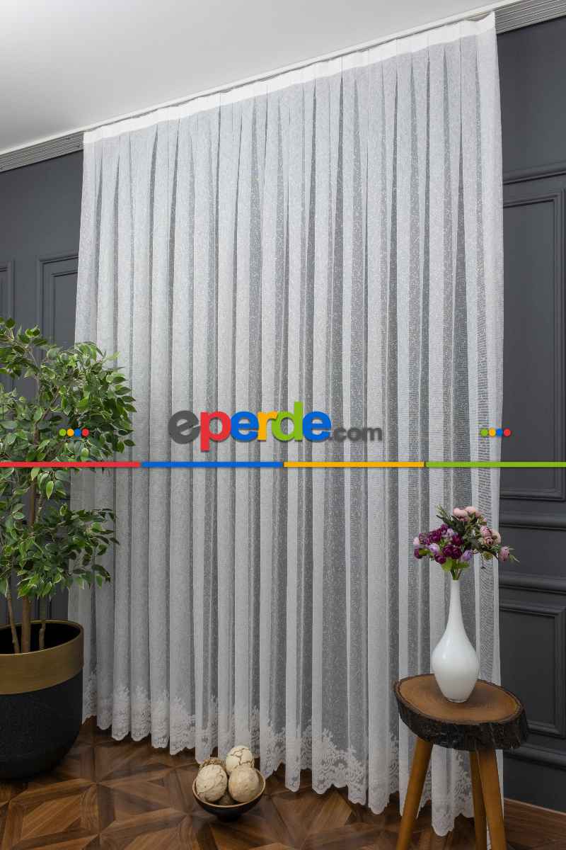 Oturma Odası - Etek Ucu Damask Desenli Örme Tül - Ekru