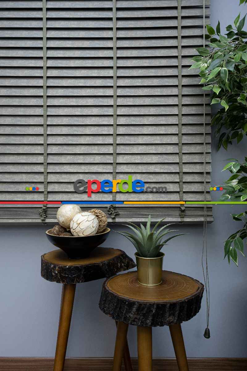 Mutfak 50 Mm Ahşap Jaluzi Perde - Kurdelalı- Haki