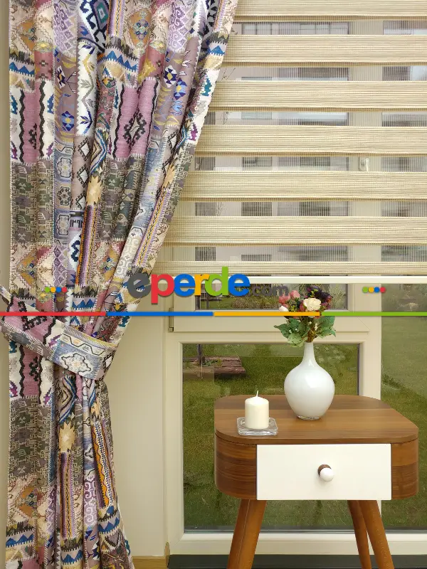 Kilim Desenli Süet Görünümlü Kalın Kumaş Fon Perde- Yeşil-pembe-mint