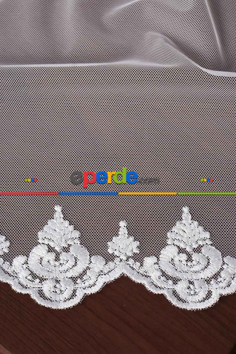 Mutfak Grek Etek Ucu İşlemeli Nakış Damaks Tül Ekru Renk - Kırık Beyaz- Ekru