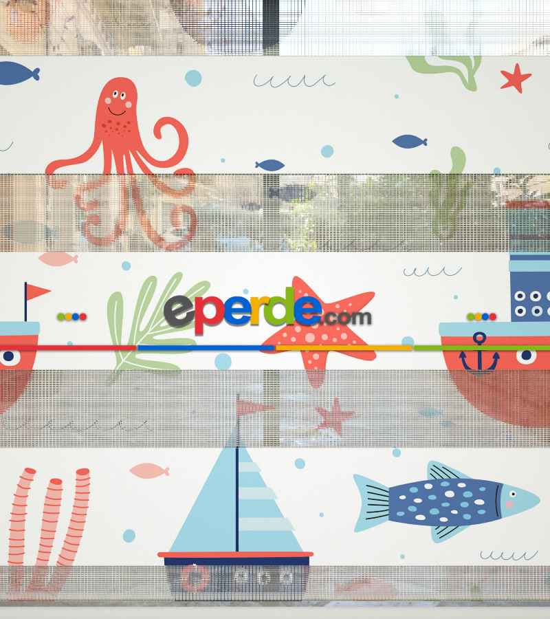 Denizci Temalı Desenli Baskılı Zebra Perde- Çok Renkli