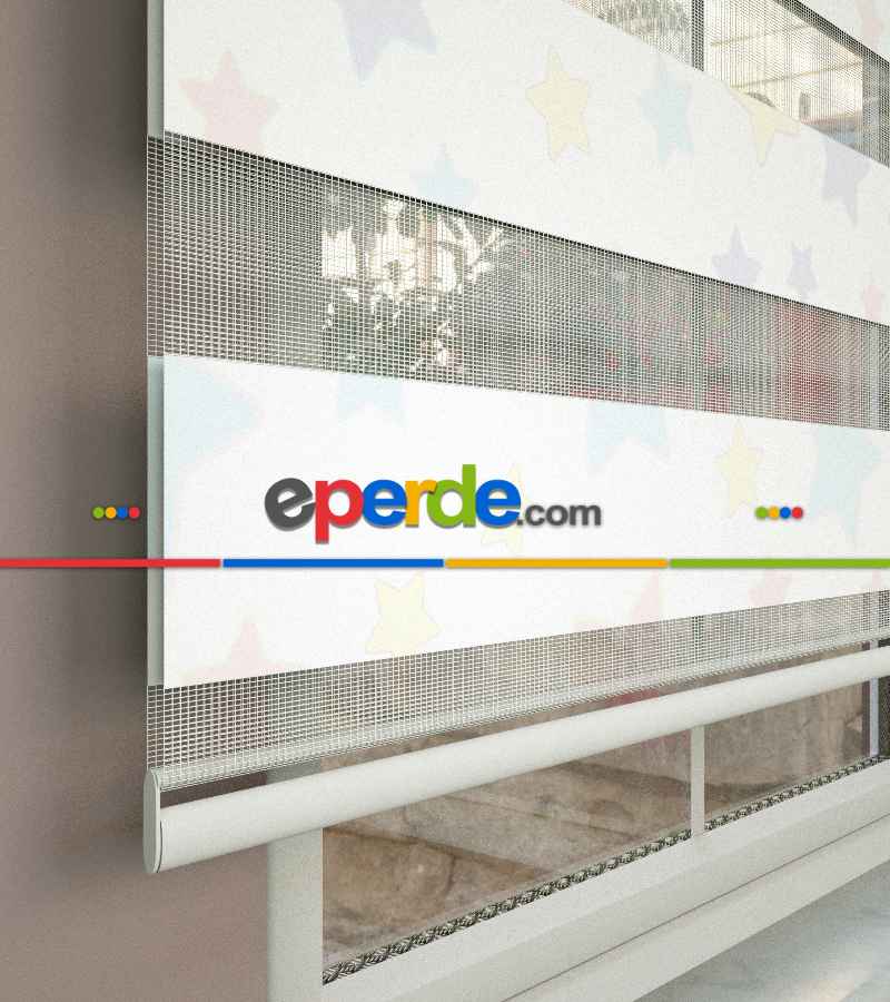 Yıldız Desenli Baskılı Zebra Perde- Çok Renkli