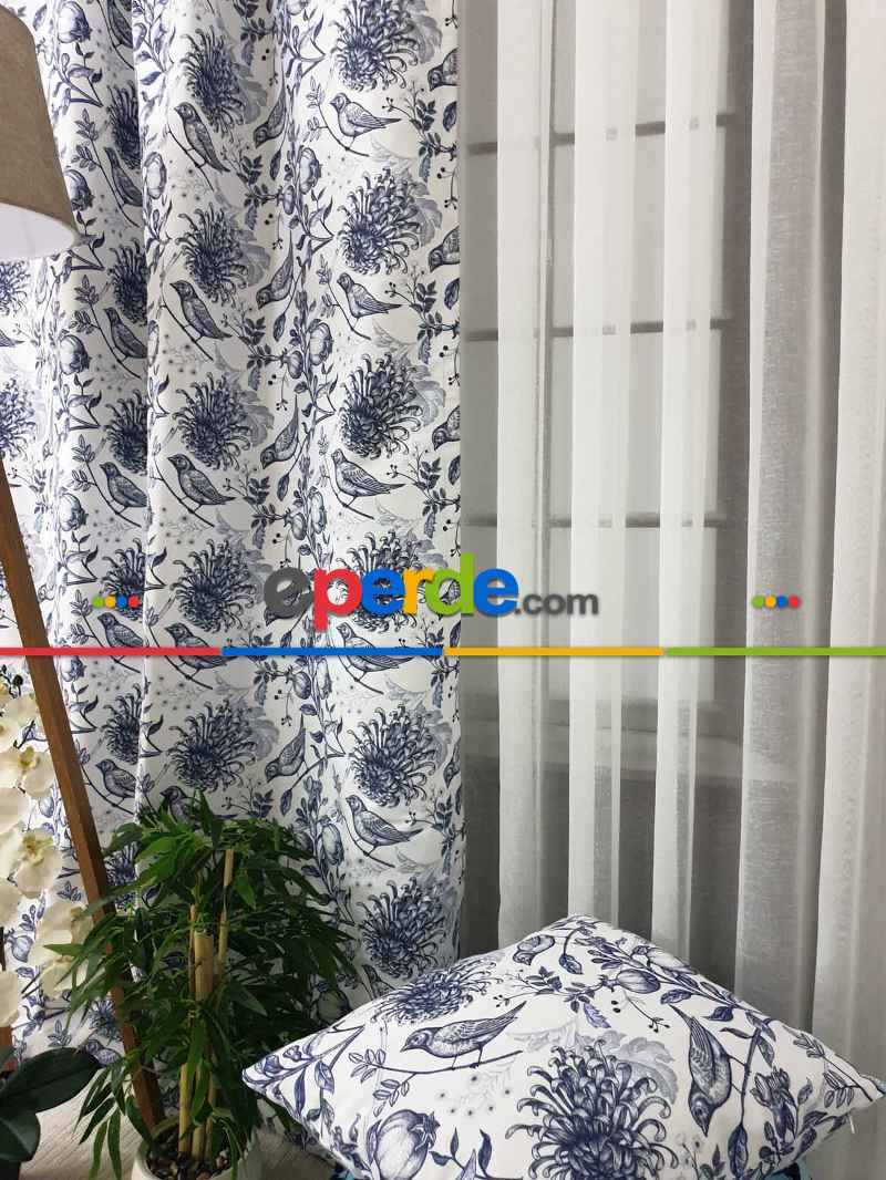 Kuş Desenli Fon Perde Evm580 Kumaşı Kalındır Duck Bezi Değildir- Beyaz