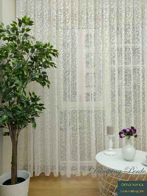 Şal Desen Fransız Dantel Tül Perde & Kruvaze Perde- Ekru