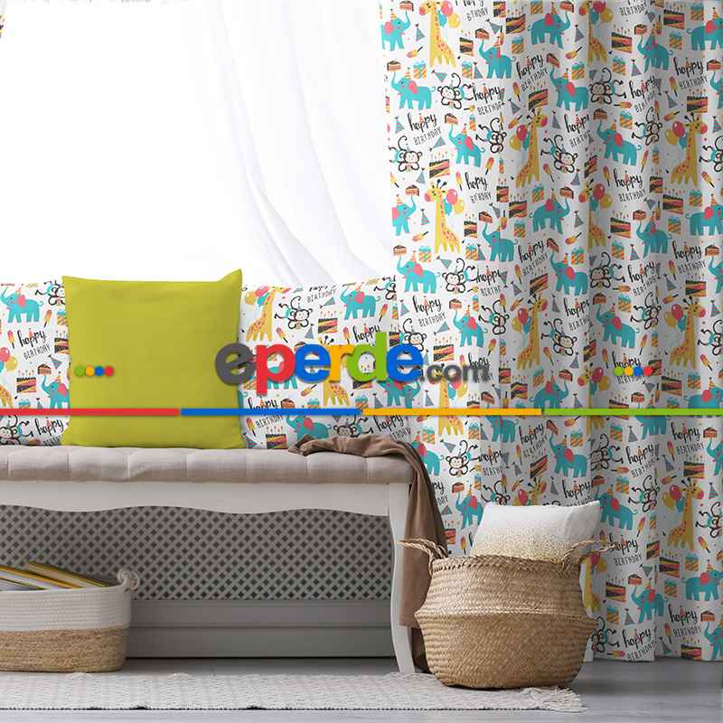 Zürafa Desenli Fon Perde Evim869 Kumaşı Kalındır Duck Bezi Değildir- Mavi-beyaz
