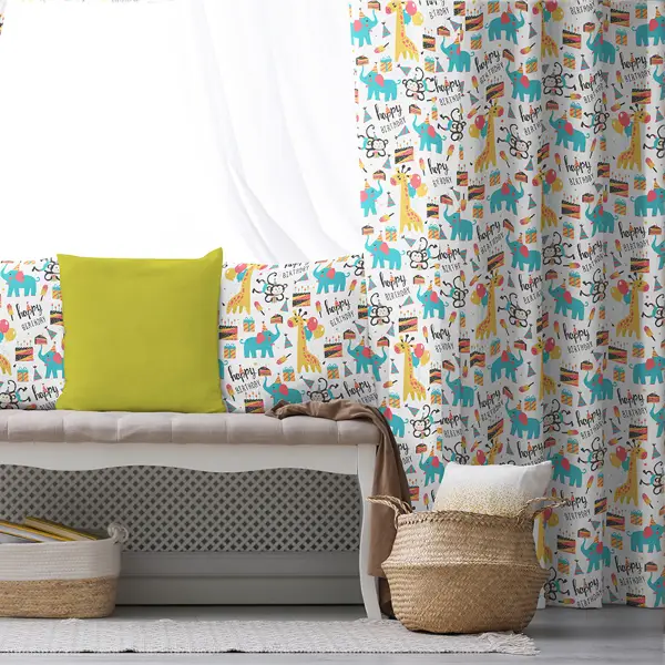 Çocuk Odası - Zürafa Desenli Fon Perde Evim869 Kumaşı Kalındır Duck Bezi Değildir- Mavi-beyaz