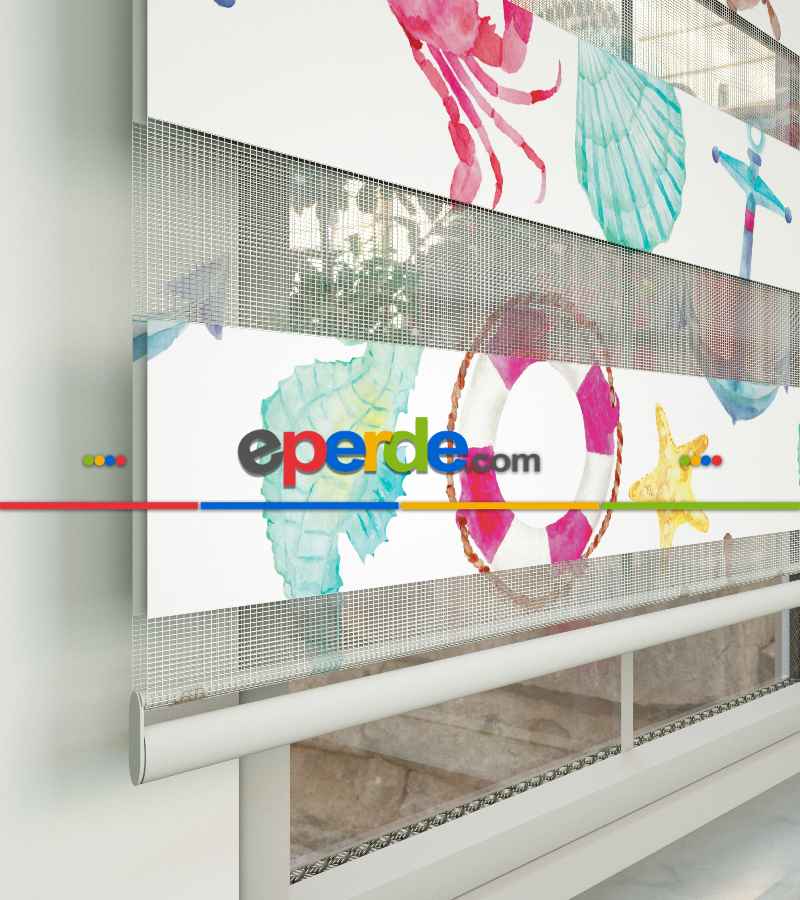 Çocuk Odası Zebra Perde - Çapa Baskılı Zebra Perde- Gri-Füme-Antrasit-Beyaz-Pembe