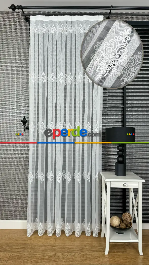 Ekru Özel Dokuma, Özel İplik Hafif Simli Brode İşlemeli Tül Perde - Ağır Gramajlı Premium Nakışlı