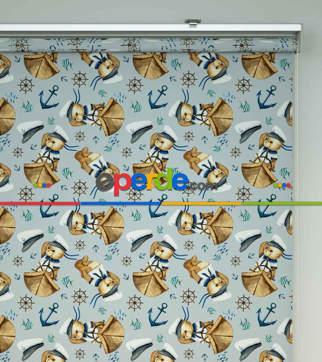 Kaptan Köpekçik Baskılı Stor Perde- Mavi-beyaz-kahve