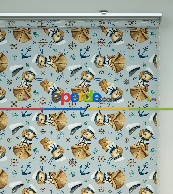 Kaptan Köpekçik Baskılı Stor Perde- Mavi-beyaz-kahve