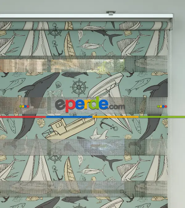 Deniz Temalı Baskılı Zebra Perde- Çok Renkli