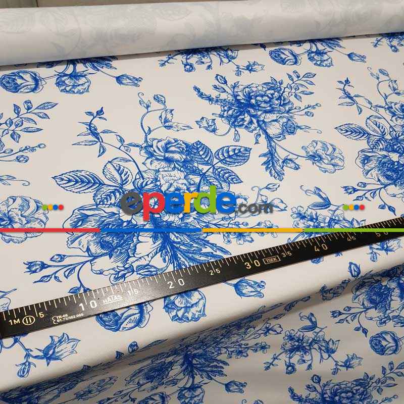 Mavi Mutfak Perdesi Kanat Fon Perde Çiçek Desenli- Lacivert