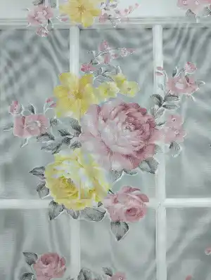 Sarı Pembe Çiçek Desenli Tül Stor Çiftli Sistem Perde- Sarı-pembe